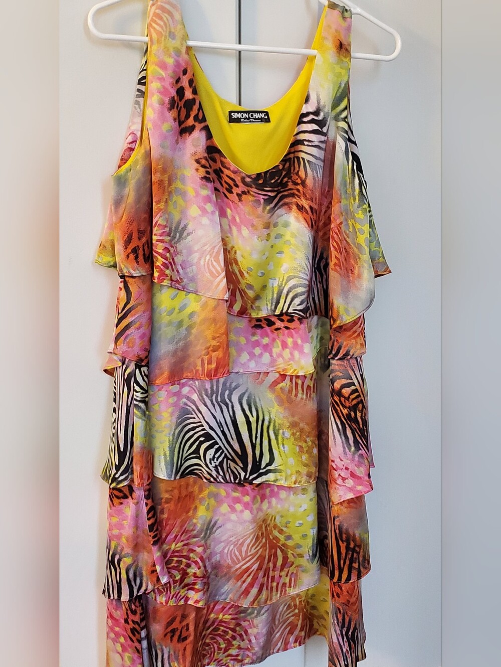 Simon Chang- Tiered Tropical Zebra Print Party Midi Dress Sz.10-12 PTP 23 - Picture 5 of 9